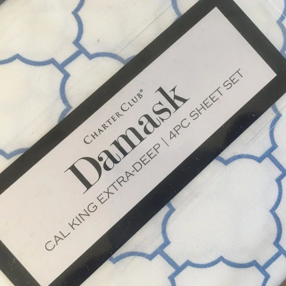 new ARABESQUE Charter Club 550 TC Cotton CAL KING X-Deep Sheet Set BLUE on WHITE